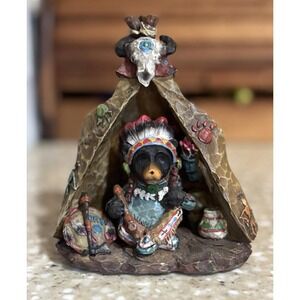 Black Bear Mini Figurine in Traditional Native American Attire Teepee Whimsical
